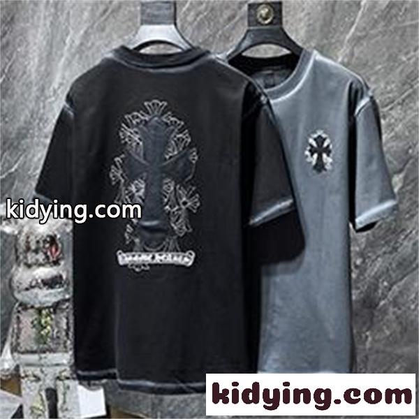 ブラック 半袖Tシャツ Chrome Hearts グレークロスバックプリント クロムハーツ コピー 胸元クロスロゴ クルーネック ゆったりシルエット-0
