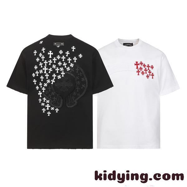 クロムハーツ コピー Chrome Hearts 26SS 半袖Tシャツ ブラック クロス刺繍 高密度320g 厚手生地 ダメージ加工 ヴィンテージ仕上げ 高級ストリート ユニセックス-0