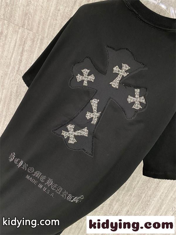 CHROME HEARTS 人気 ブラック クロムハーツ コピー ワンポイント ホワイト 半袖 Tシャツ シンプル-5