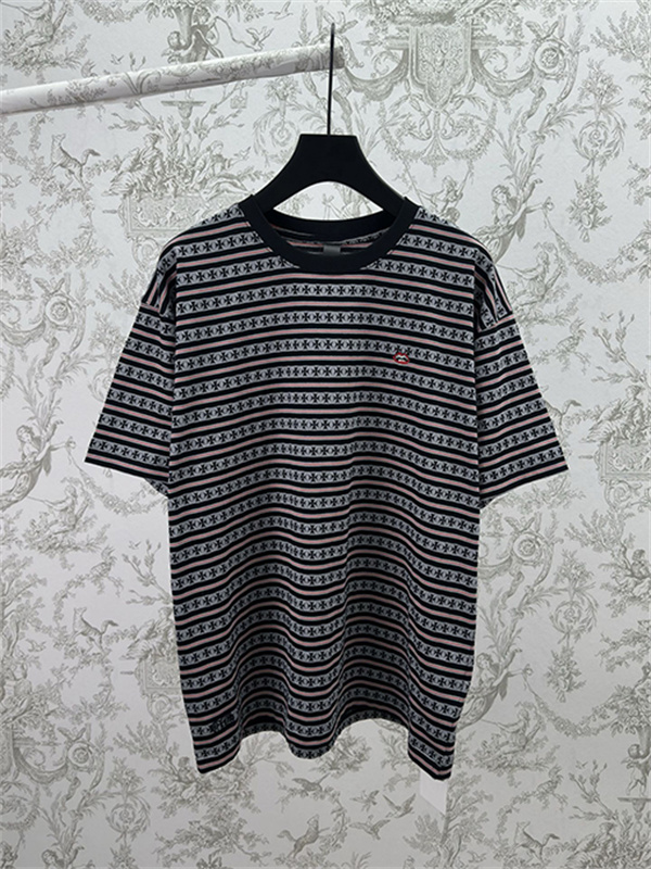 ブルー ホワイト ボーダー半袖Tシャツ クルーネック 細ピッチライン ゆったりシルエット カジュアルトップス-7