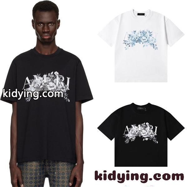 アミリ AMIRI コピー Tシャツ メンズ フラワーロゴ プリント 半袖 クルーネック ブラック アートデザイン ストリート系-1