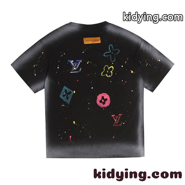 ペイントスプラッシュ 半袖Tシャツ Louis Vuitton マルチカラーLVプリント ルイヴィトン コピー ブラック ホワイト クルーネック-1