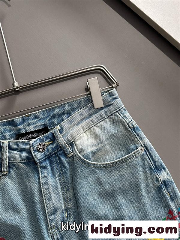 ライトブルー デニムショーツ Chrome Hearts クロムハーツ コピー マルチカラーロゴ クロスプリント ウォッシュ加工 ハーフパンツ-2