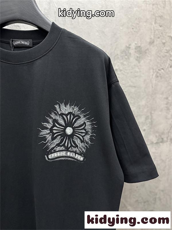 ブラック 半袖Tシャツ Chrome Hearts マルチカラークロスプリント クロムハーツ コピー ペイントスプラッシュ クルーネック ゆったりシルエット-8