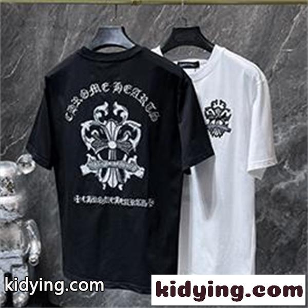 ブラック 半袖Tシャツ Chrome Hearts クロムハーツ コピー フローラルクロス背面ロゴ ゴシック英字 クルーネック ゆったりシルエット-0