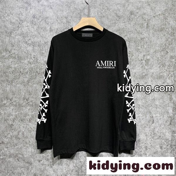 アミリ AMIRI コピー BONES STACKED ロンT メンズ 長袖Tシャツ 骨プリント スリーブロゴ ブラック ストリート オーバーサイズ-0