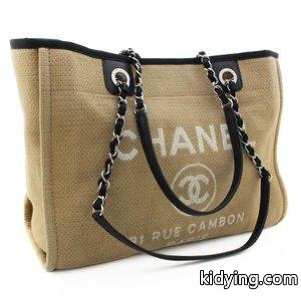 chanel  チェーン ショルダーバッグ ドーヴィル トートバッグ レディース キャンバス レザー ベージュ ブラック-0