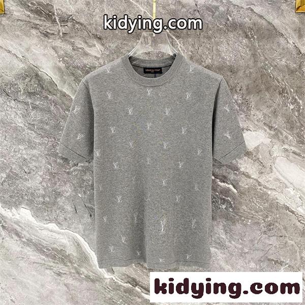 グレー 半袖ニットTシャツ Louis Vuitton LV総柄 ルイヴィトン コピー ワンポイントロゴ クルーネック リブ襟-0