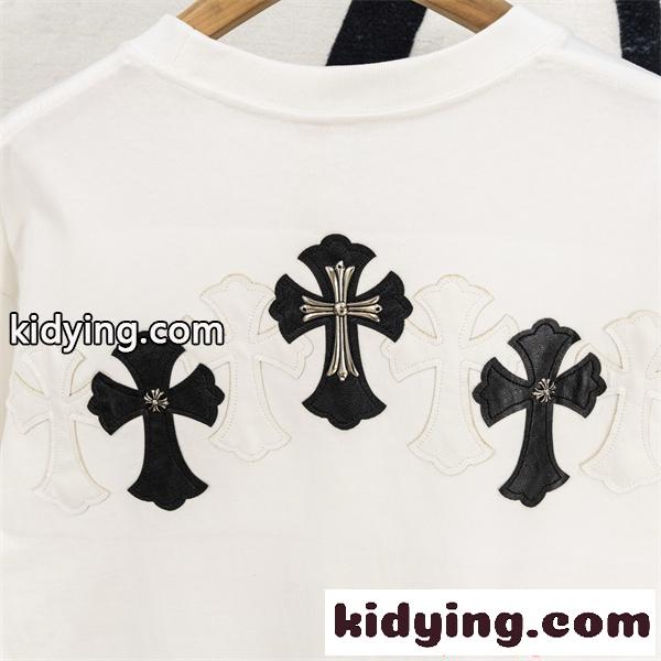 クロムハーツ コピー Chrome Hearts 半袖Tシャツ ブラック ホワイト 刺繍ロゴ レザーパッチ クロスモチーフ バックデザイン 本革風 切替デザイン 綿素材 通気性 クルーネック オーバーサイズ ストリート モード系 ユニセックス 夏人気-9