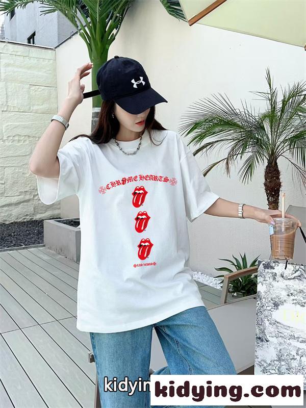 ミントグリーン Tシャツ Chrome Hearts リップロゴ クロムハーツ コピー 半袖 丸首 レッドグラフィック カジュアルトップス-6