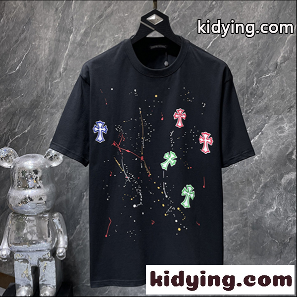 ブラック 半袖Tシャツ Chrome Hearts クロムハーツ コピー トーンオンサークルロゴ バックプリント クルーネック ゆったりシルエット-0