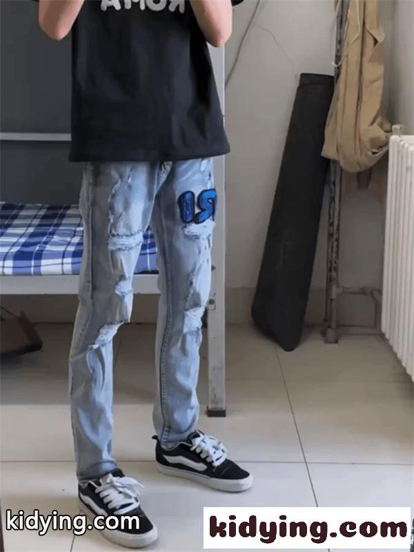 ダメージデニムパンツ AMIRI ライトブルー クラッシュ加工 刺繍 アミリ コピー 2026新作-6