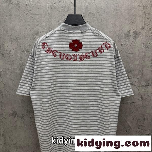 CHROME HEARTS クロムハーツ 2026新作 メンズ ボーダー 半袖Tシャツ クロス刺繍 オーバーサイズ ヴィンテージ風 高街系-1
