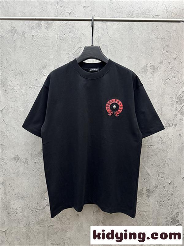 レッド 半袖Tシャツ Chrome Hearts クロムハーツ コピー 胸元サークルロゴ クルーネック ワンポイントデザイン ゆったりシルエット-3