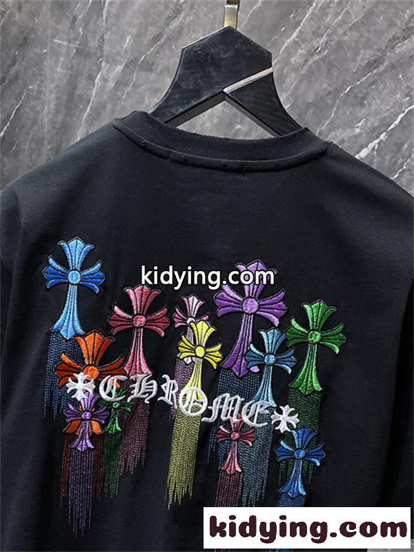 ホワイト 半袖Tシャツ Chrome Hearts クロムハーツ コピー マルチカラークロスロゴ バックデザイン 丸首 リラックスフィット ブラック-5