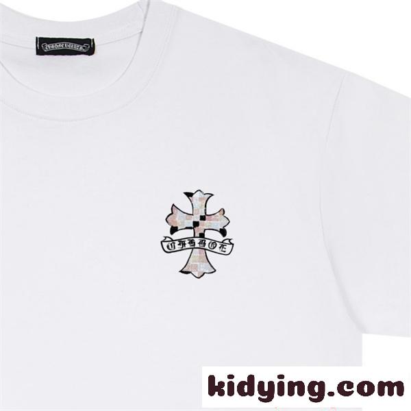 クロムハーツ コピー クルーネック 半袖Tシャツ ホワイト ブラック クロスデザイン チェック調プリント Chrome Hearts-0