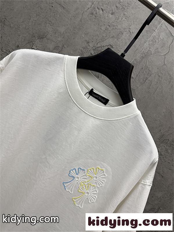 ブラック 半袖Tシャツ Chrome Hearts クロムハーツ コピー マルチカラークロス刺繍風 胸元ワンポイント クルーネック ゆったりシルエット-8