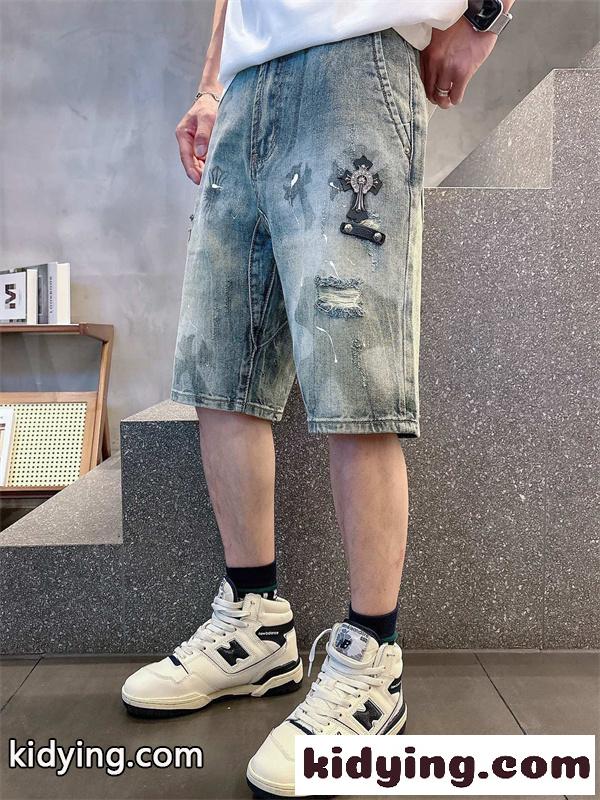 ラックデニム ショートパンツ Chrome Hearts クロスパッチ装飾 クロムハーツ コピー カットオフ裾 レッドホワイト ワイドポケット-2