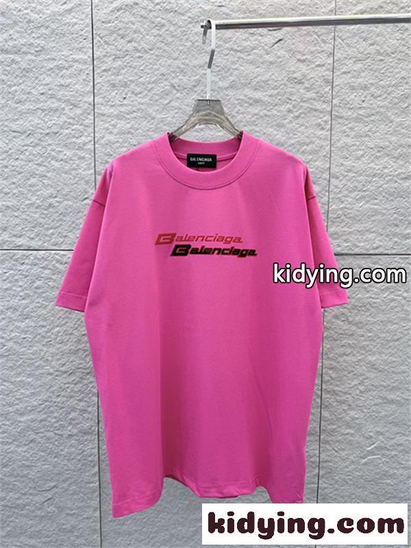 ビビッドピンク 半袖Tシャツ BALENCIAGA バレンシアガ コピー ダブルロゴプリント クルーネック ゆったりシルエット メンズカジュアル-4