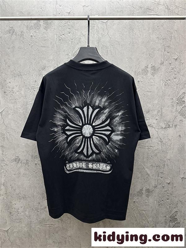 ブラック 半袖Tシャツ Chrome Hearts マルチカラークロスプリント クロムハーツ コピー ペイントスプラッシュ クルーネック ゆったりシルエット-6