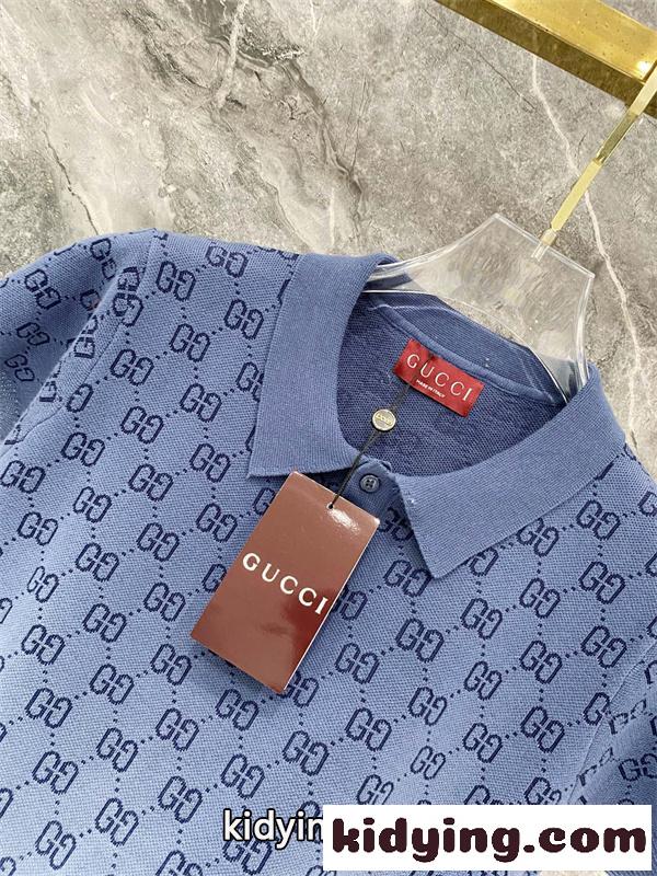 ブルー 半袖ニットポロ GUCCI GG総柄 グッチ コピー グラデーション切替 襟付き ボタンネック リブ袖-1