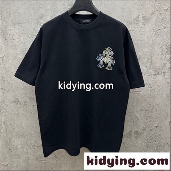 ブラック 半袖Tシャツ Chrome Hearts クロムハーツ コピー マルチカラークロス刺繍風 胸元ワンポイント クルーネック ゆったりシルエット-0