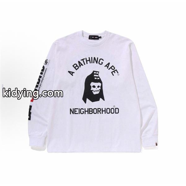 ベイプ BAPE コピー 秋冬 高品質 ホワイト ネイバーフッド コラボ スカル猿人头 長袖 T シャツ-4