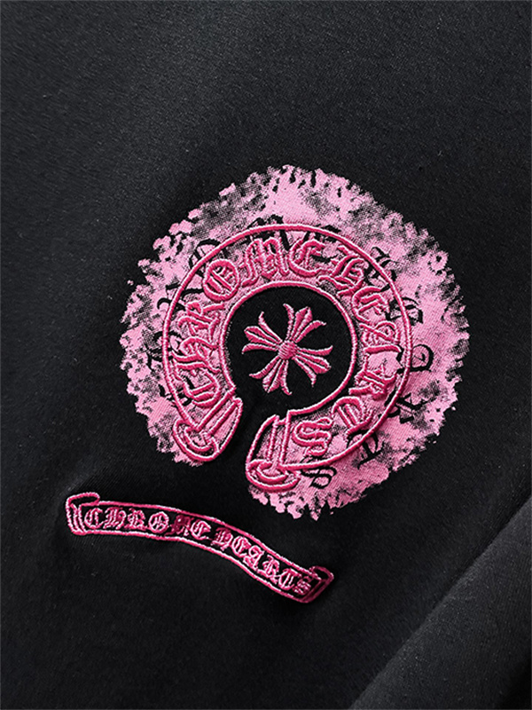 ブラック 半袖Tシャツ Chrome Hearts クロムハーツ コピー ピンクバックサークルロゴ クルーネック クロスモチーフ ストリートトップス-3