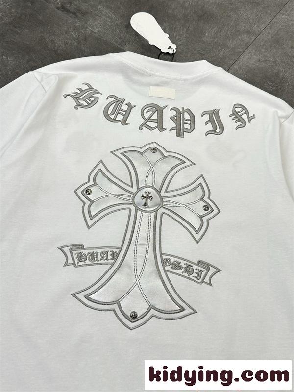 クロムハーツ コピー 半袖 Tシャツ メンズ ワイドフィット 刺繍デザイン クロスモチーフ ゴシック文字 バックプリント フロントロゴ オーバーサイズ カジュアル ストリート ホワイト 春夏-6