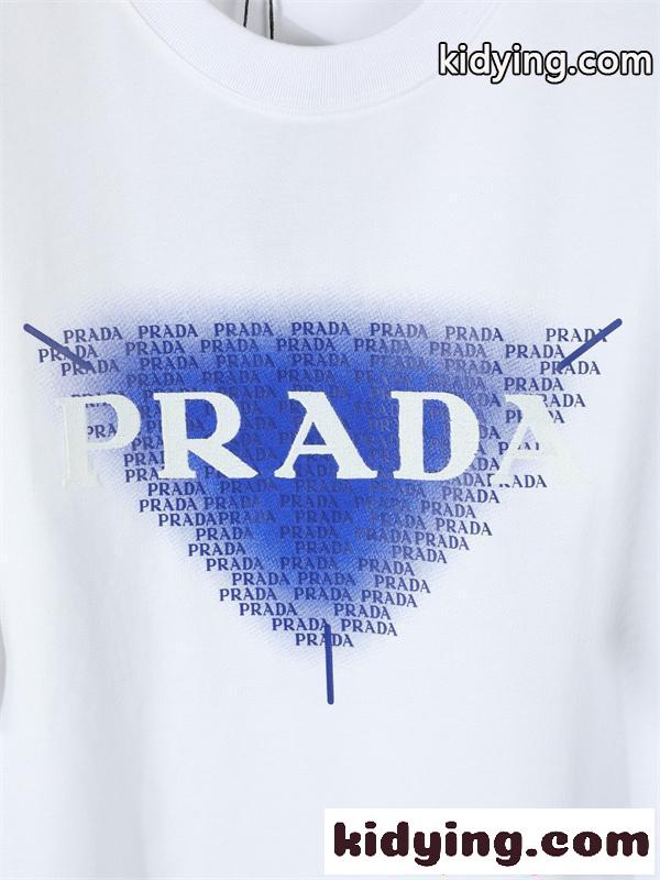 シンプル半袖 PRADA コピー Ｔシャツ ホワイト ブルー配色 プラダ 上品 カジュアル 夏コーデ 爽やか 夏向け 軽やか-7
