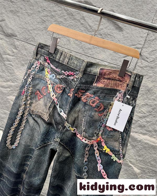 Acne デニムパンツ アクネストゥディオズ コピー ダークブルー チェーン装飾 ワイドシルエット 個性派-4