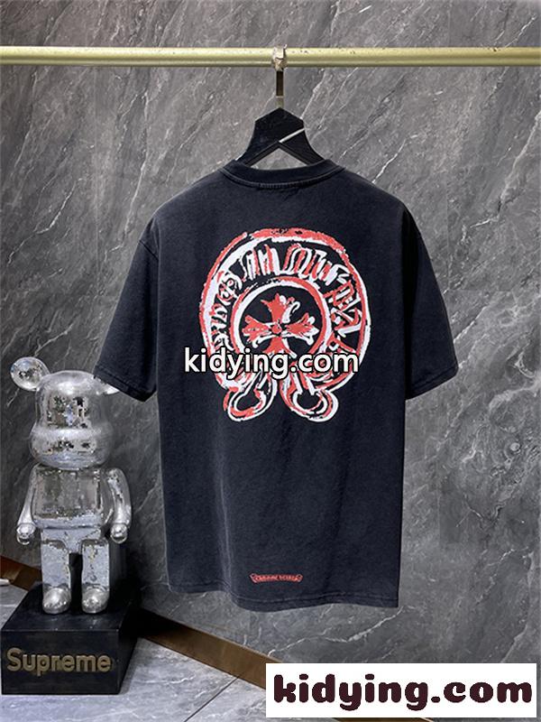 ブラック 半袖Tシャツ Chrome Hearts ピンクサークル胸ロゴ クロムハーツ コピー クルーネック ワンポイントデザイン ゆったりシルエット-2