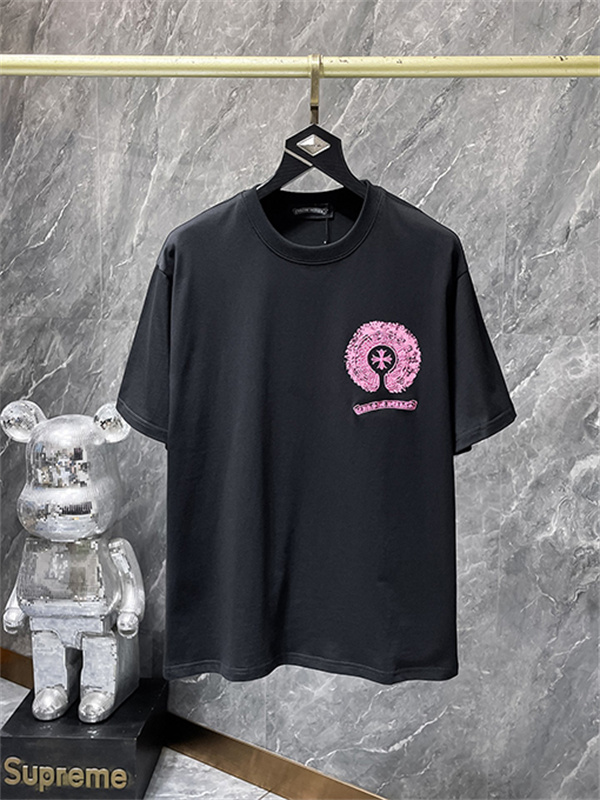 ブラック 半袖Tシャツ Chrome Hearts クロムハーツ コピー ピンクバックサークルロゴ クルーネック クロスモチーフ ストリートトップス-1