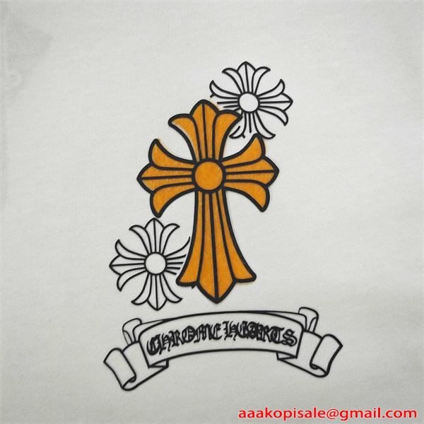 クロムハーツ コピー 半袖Tシャツ Chrome Hearts クロスフラワー ロゴプリント ホワイト ブラック バックデザイン クルーネック カジュアル ストリート-4