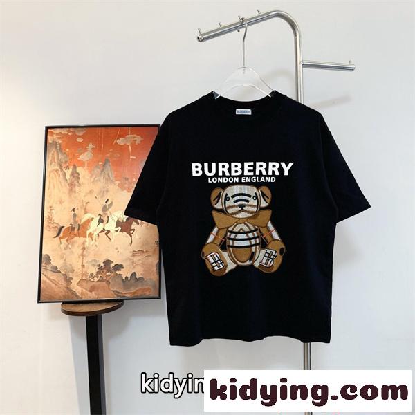 ホワイト ブラック バーバリー コピー Tシャツ 熊モチーフ プリント 大型ロゴ 日常 カジュアル モード感 Burberry-0
