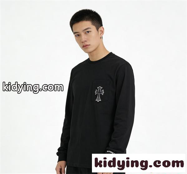 CHROME HEARTS シンプル ブラック クロムハーツ スーパーコピー 長袖Tシャツ 胸元ポケット 背面プリント-4