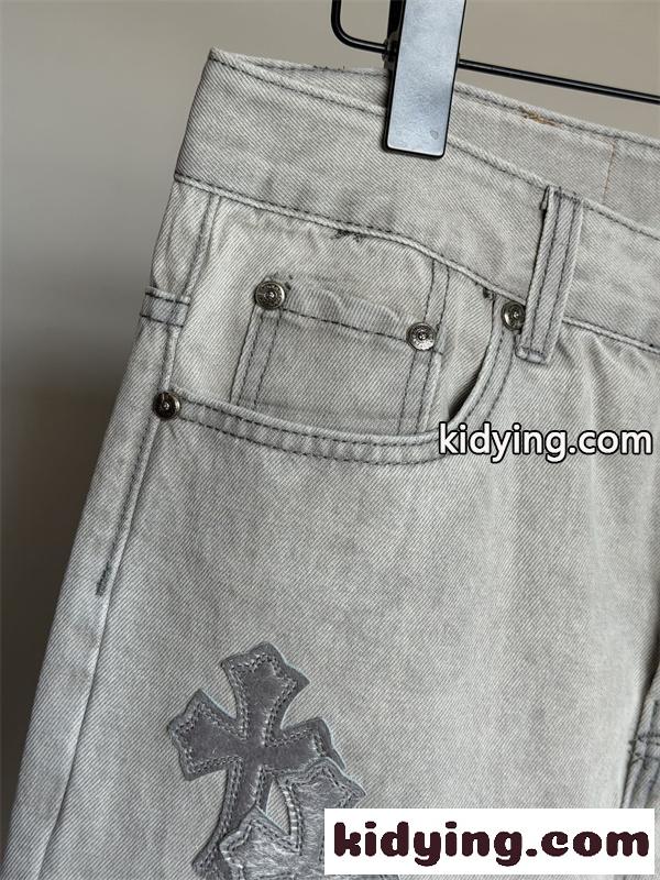 ライトグレー ストレートデニムパンツ Chrome Hearts クロムハーツ コピー クロスパッチ装飾 ウォッシュ加工 5ポケット ジーンズ-4