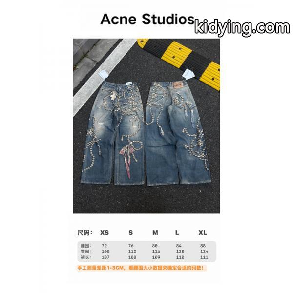 Acne Studios 激安 1981 水晶リボン トロンプルイユ 3Dデジタルプリント デニム 低腰 ワイド ユニセックス ジーンズ-7