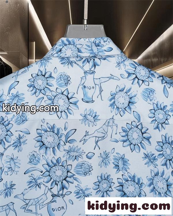 DIOR 総柄 半袖 スーパーコピー シャツ フラワーモチーフ ブルー ホワイト メンズ リゾート カジュアル 夏 ファッション 定番-5