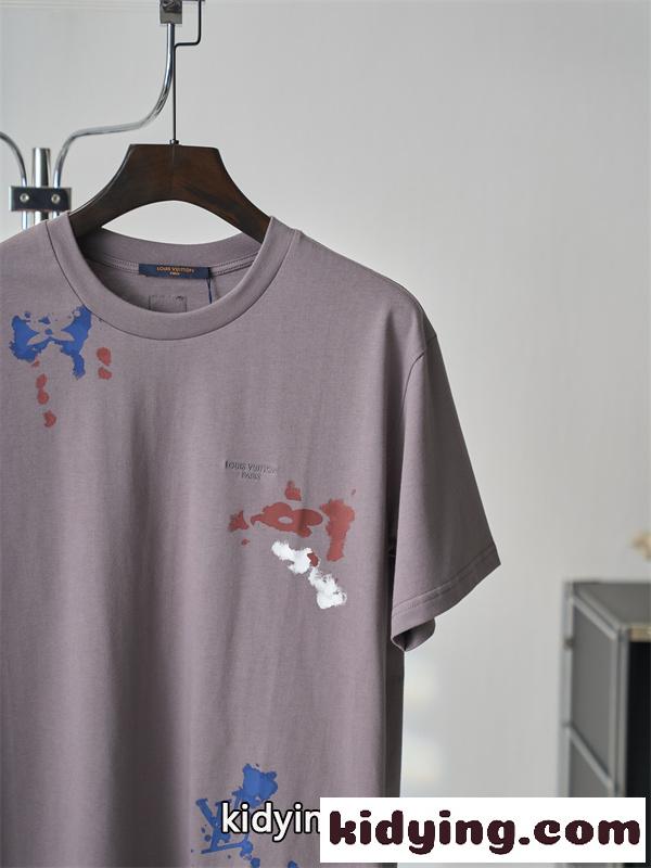モーブグレー 半袖Tシャツ Louis Vuitton ルイヴィトン コピー ペイントスプラッシュ柄 クルーネック アートプリント ゆったりシルエット-4