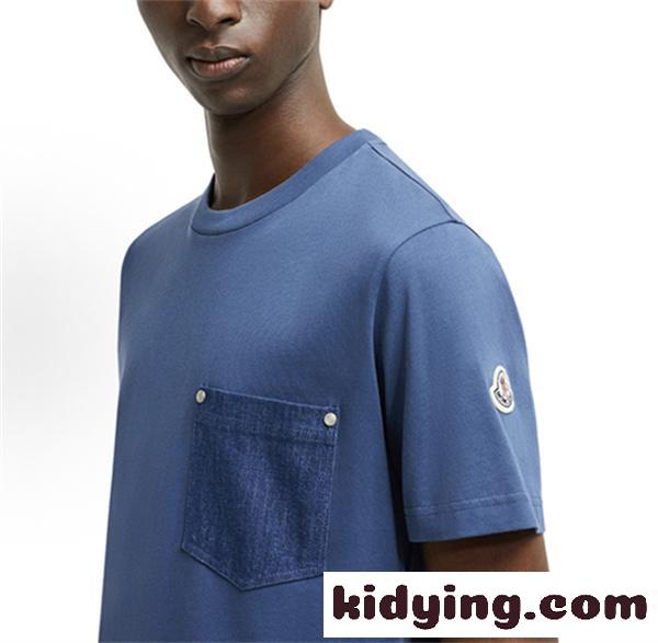 ネイビー 半袖Tシャツ MONCLER モンクレール コピー デニム胸ポケット 袖ワッペン クルーネック シンプルカジュアル-3