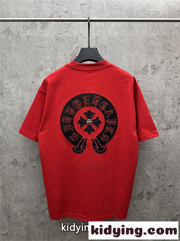 レッド 半袖Tシャツ Chrome Hearts クロムハーツ コピー 胸元サークルロゴ クルーネック ワンポイントデザイン ゆったりシルエット-2
