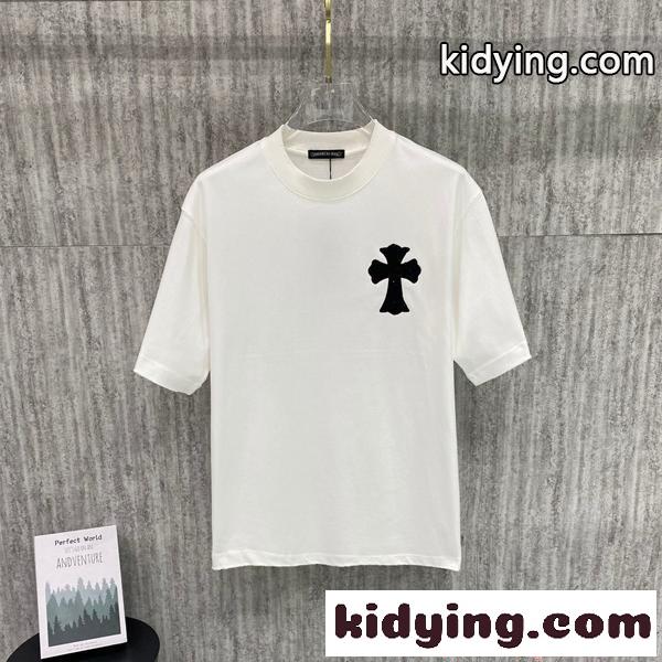 CHROME HEARTS 人気 ブラック クロムハーツ コピー ワンポイント ホワイト 半袖 Tシャツ シンプル-0