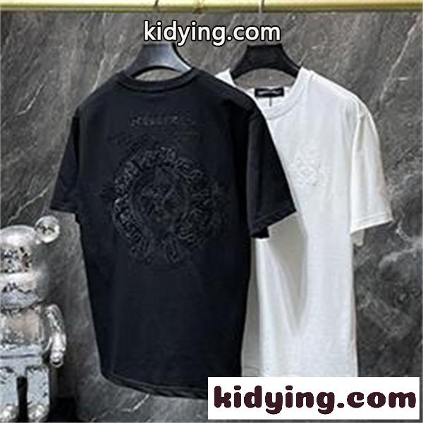 ブラック ホワイト 半袖Tシャツ Chrome Hearts クロムハーツ コピー トーンオンサークルロゴ バックグラフィック クルーネック リラックスシルエット-0
