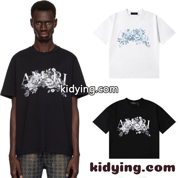 アミリ AMIRI コピー Tシャツ メンズ フラワーロゴ プリント 半袖 クルーネック ブラック アートデザイン ストリート系-0