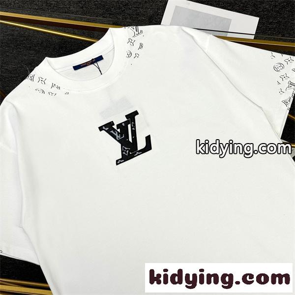 ホワイト 半袖Tシャツ Louis Vuitton センターロゴ ルイヴィトン コピー モノグラム柄LV刺繍風 クルーネック 裾袖ロゴプリント-3