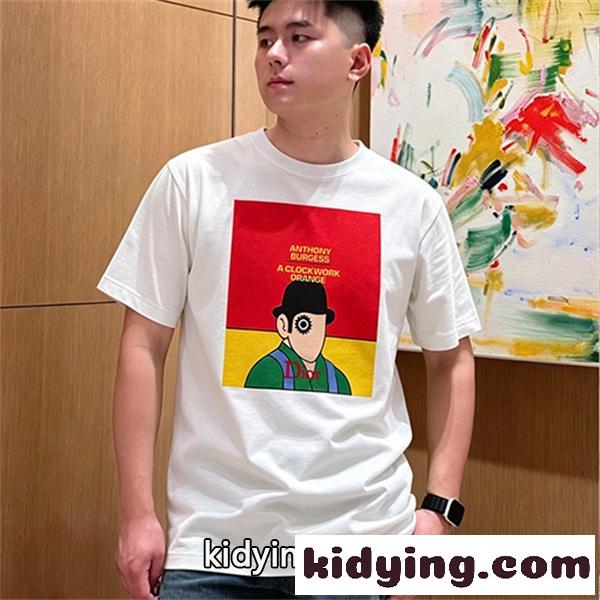 ホワイト 半袖Tシャツ Dior アートグラフィックプリント ディオール コピー カラーブロック クルーネック メンズカジュアル-0