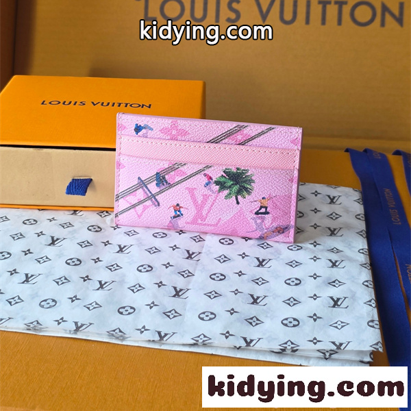 Louis Vuitton コピー ルイヴィトン M26803 カードケース ピンク モノグラム イラストデザイン スリムカードホルダー コンパクト財布 レディース-0