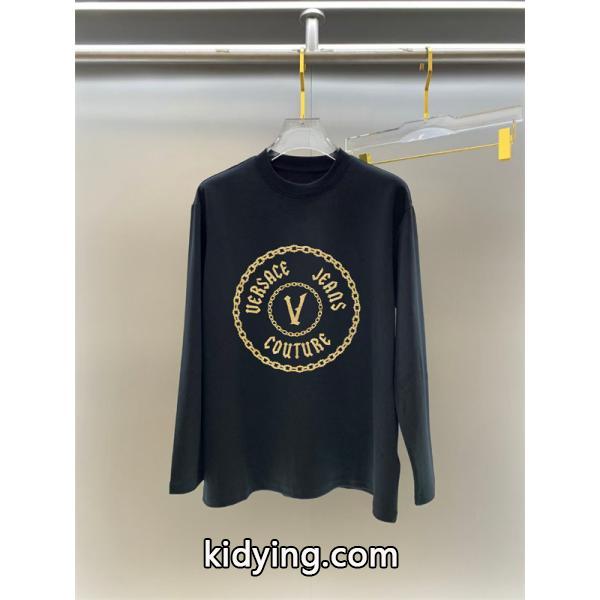 ヴェルサーチ VERSACE コピー 2025秋冬インディスペンサブル 伝統 ブラック × ホワイト ゴールド V 柄 長袖Tシャツ-1
