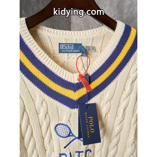 ベージュ テニスラケットプリント V 领 麻花纹 ニット ポロラルフローレン POLO RALPH LAUREN 偽物 秋冬 上品-2